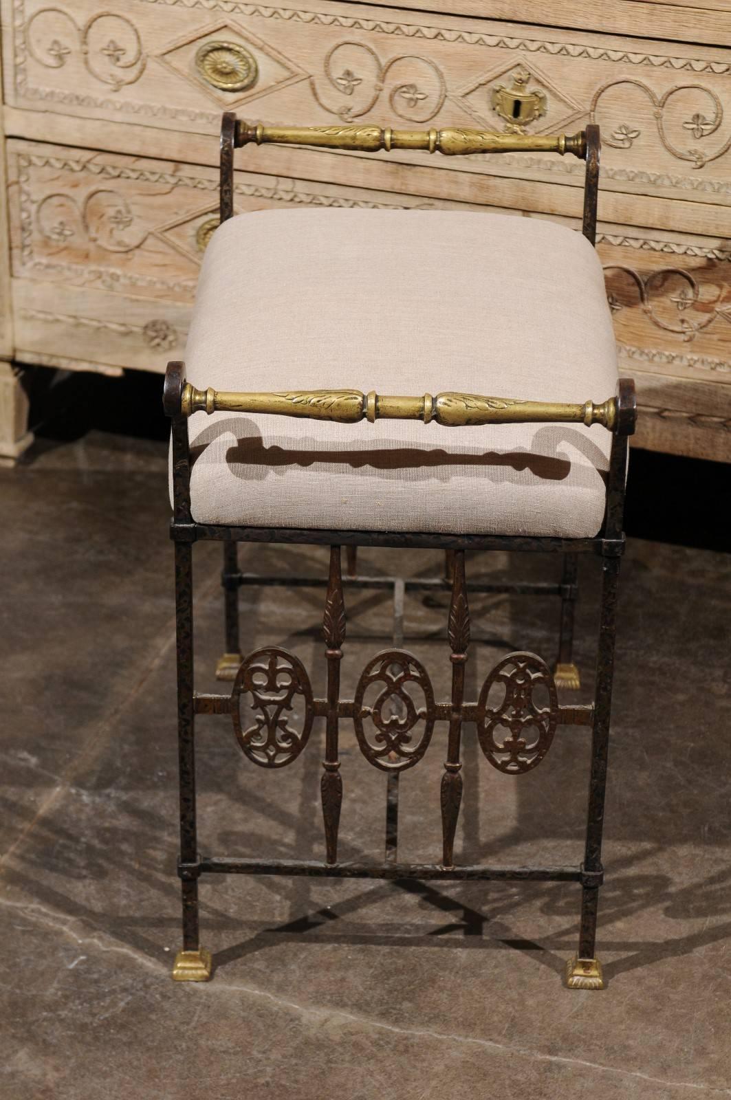 20th Century Italian 1920s Wrought-Iron Upholstered Bench with Bronze Accents