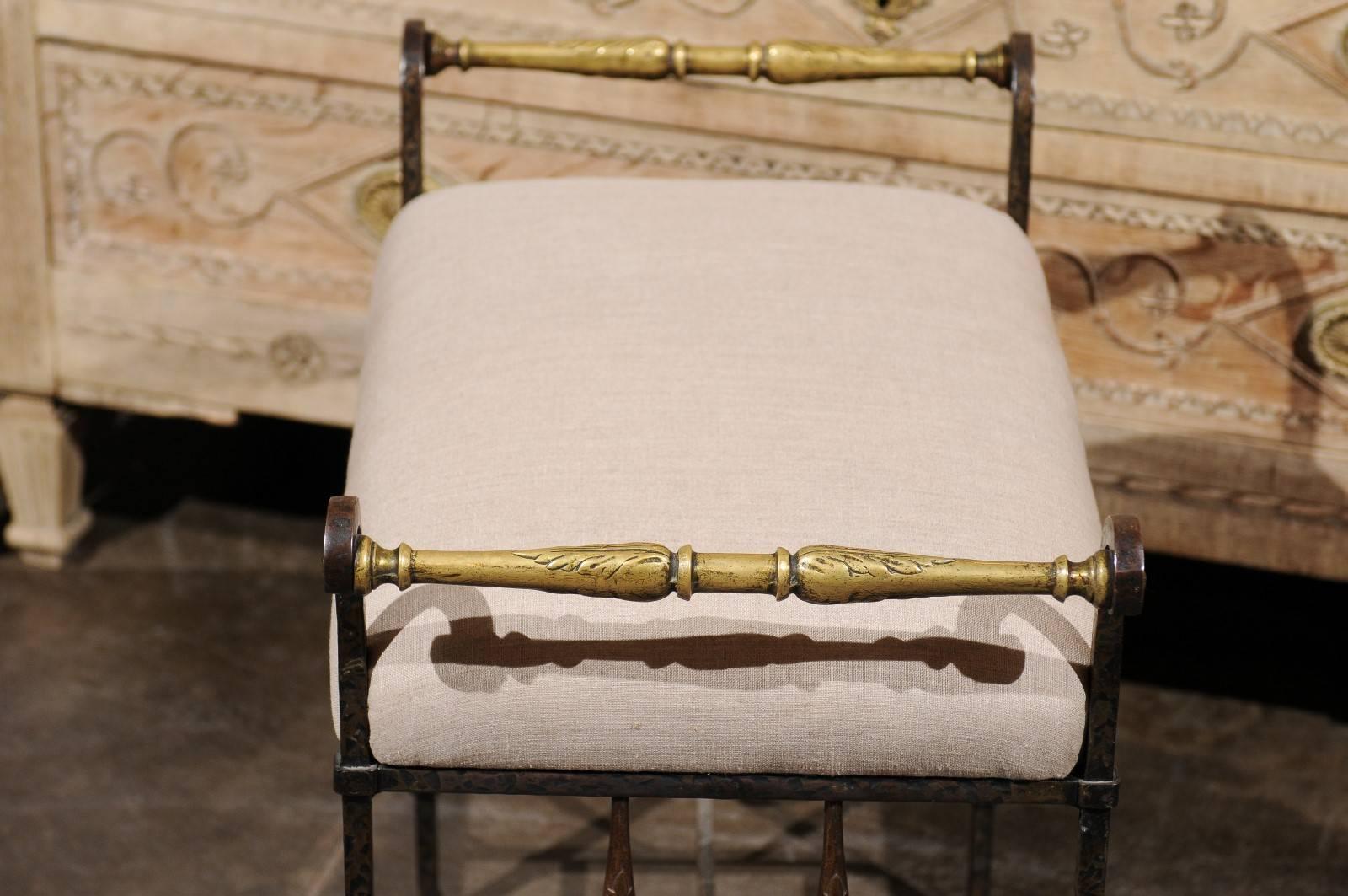Upholstery Italian 1920s Wrought-Iron Upholstered Bench with Bronze Accents