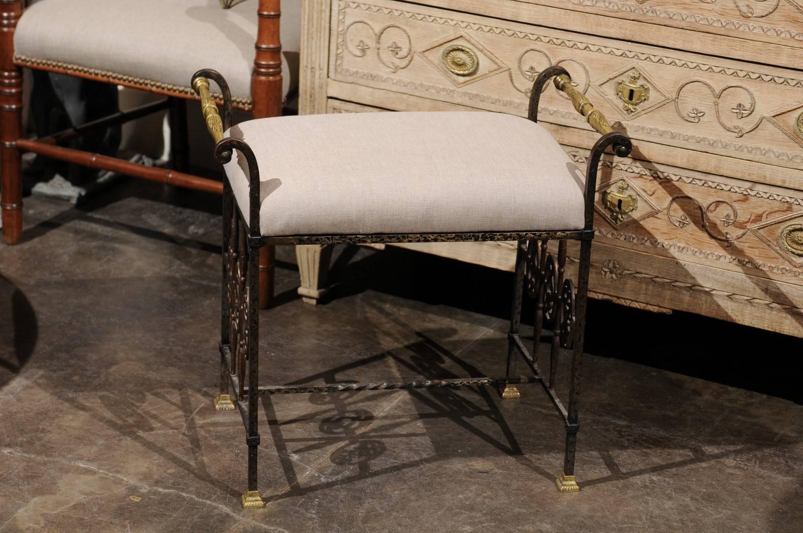 Italian 1920s Wrought-Iron Upholstered Bench with Bronze Accents 1