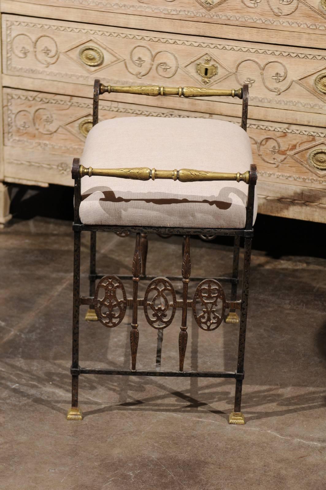 Italian 1920s Wrought-Iron Upholstered Bench with Bronze Accents 2