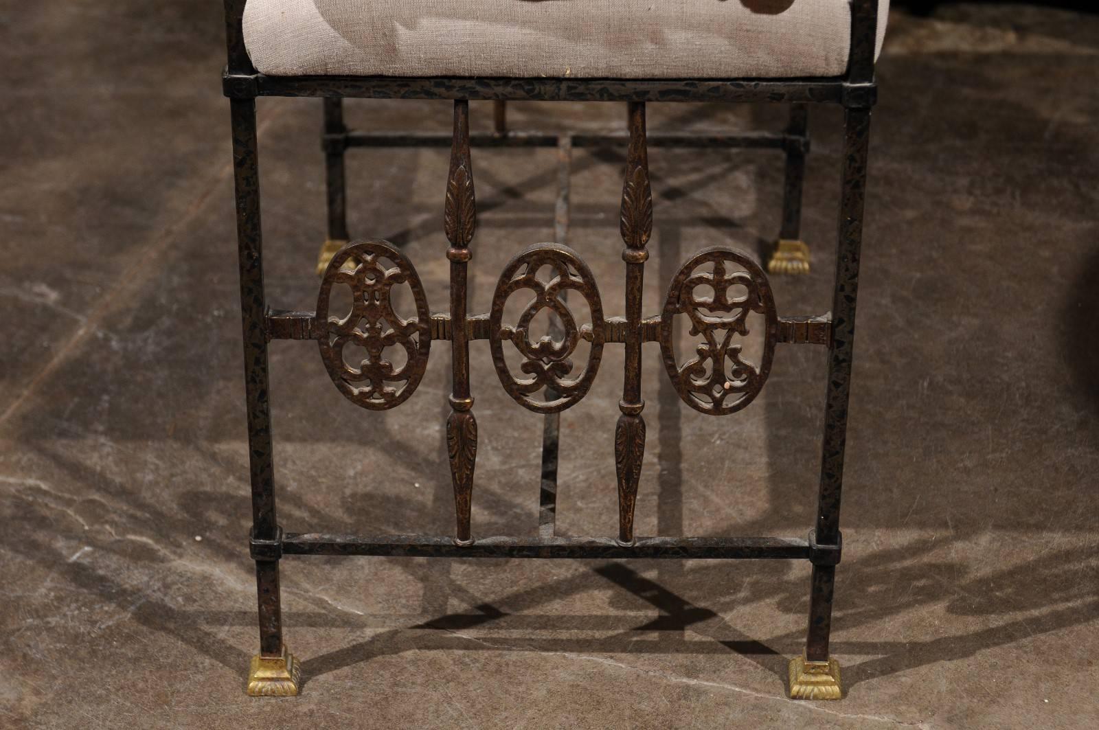 Italian 1920s Wrought-Iron Upholstered Bench with Bronze Accents 3