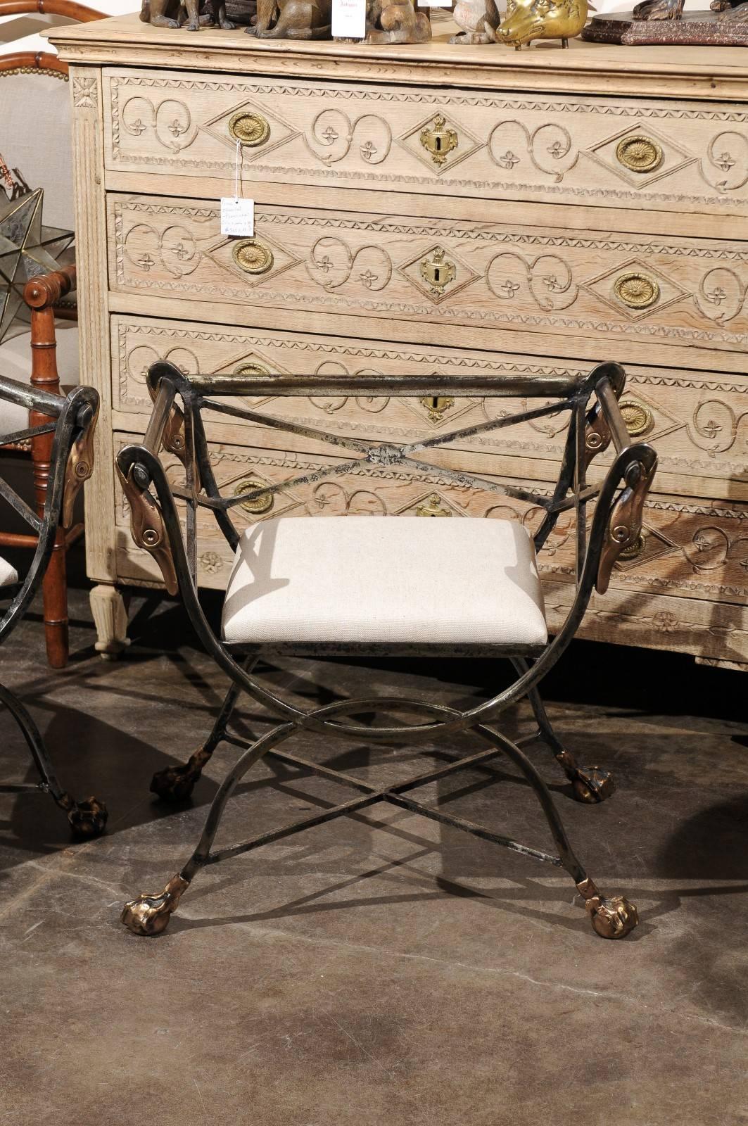 Pair of English Regency Curule Chairs with Swan Motifs and Upholstered Seats For Sale 1