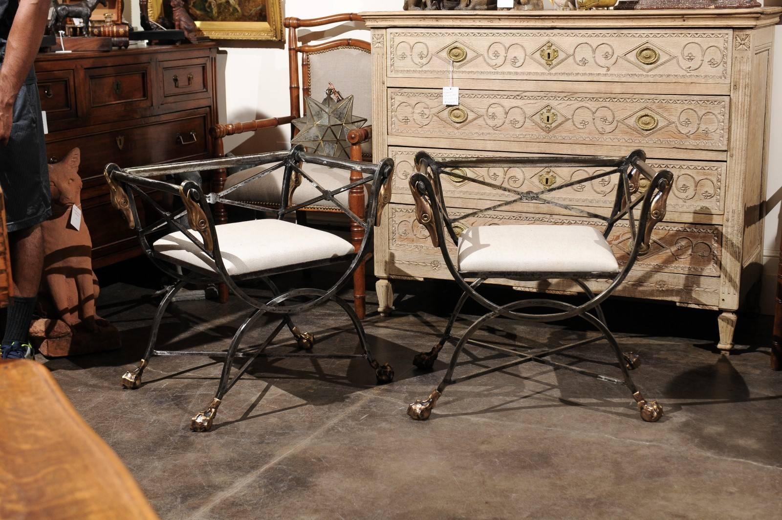 A pair of English period Regency steel and brass curule armchairs with swan motifs from the early 19th century. This pair of curule Regency chairs circa 1820 features an X-shape steel frame with four swans decorating the arms in a graceful downward