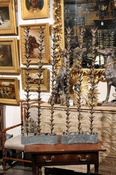 Pair of French Mid-Century Tall Metal Plant Sculptures in Zinc Bases