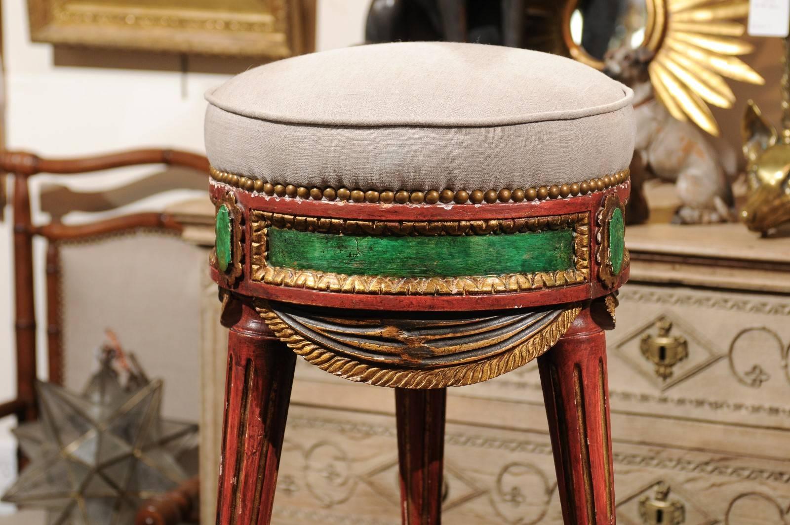 Carved Venetian Red and Green Painted Wood Upholstered Stool with Gilt Accents