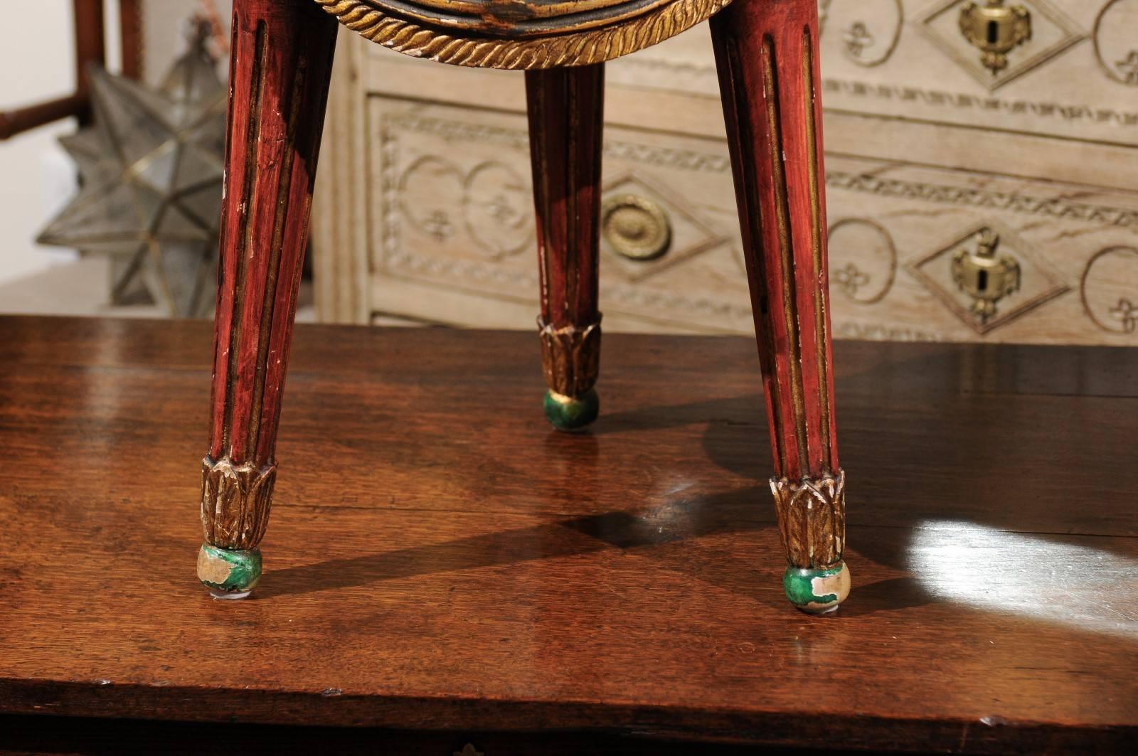 Venetian Red and Green Painted Wood Upholstered Stool with Gilt Accents In Good Condition In Atlanta, GA