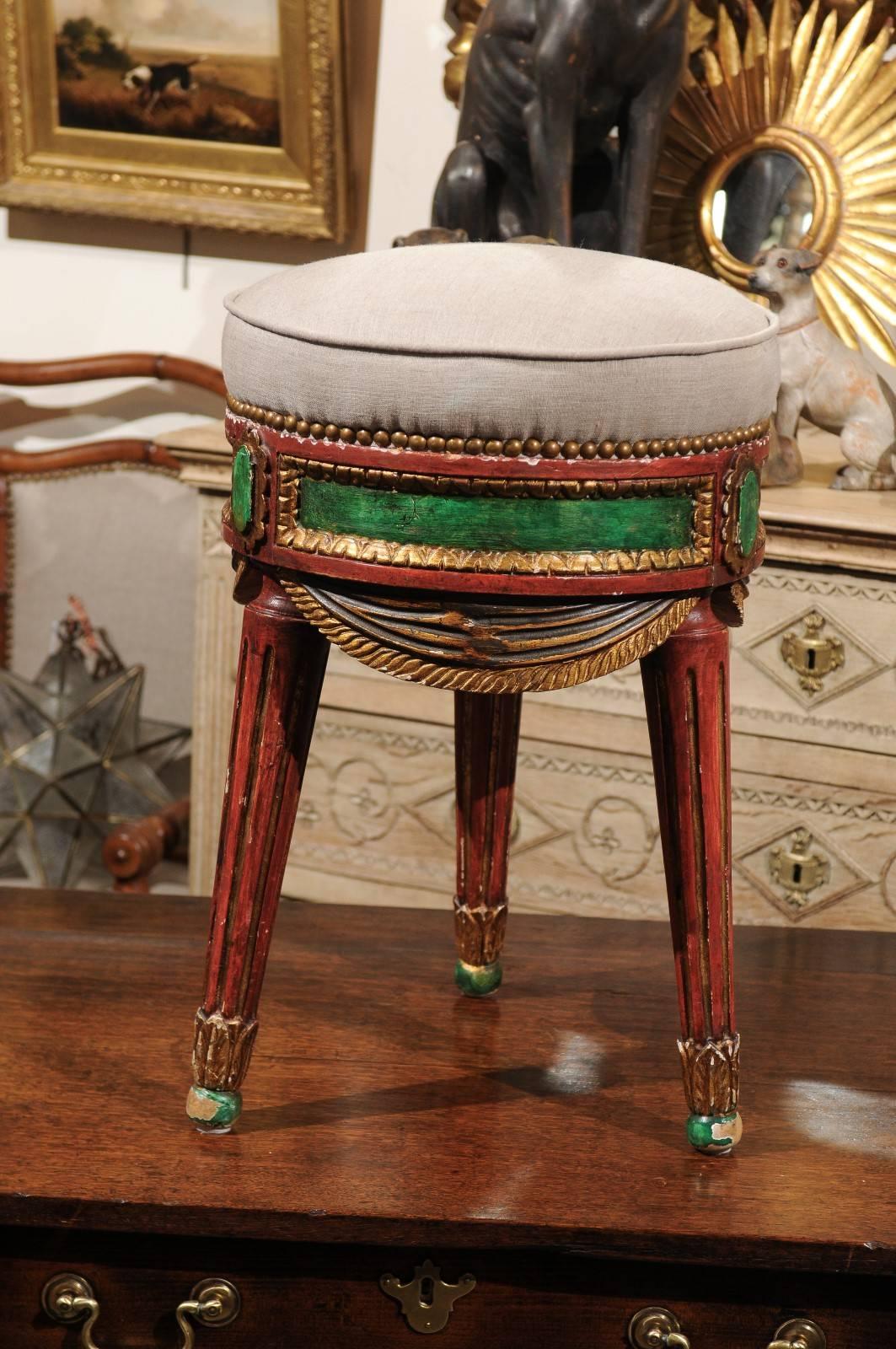 20th Century Venetian Red and Green Painted Wood Upholstered Stool with Gilt Accents