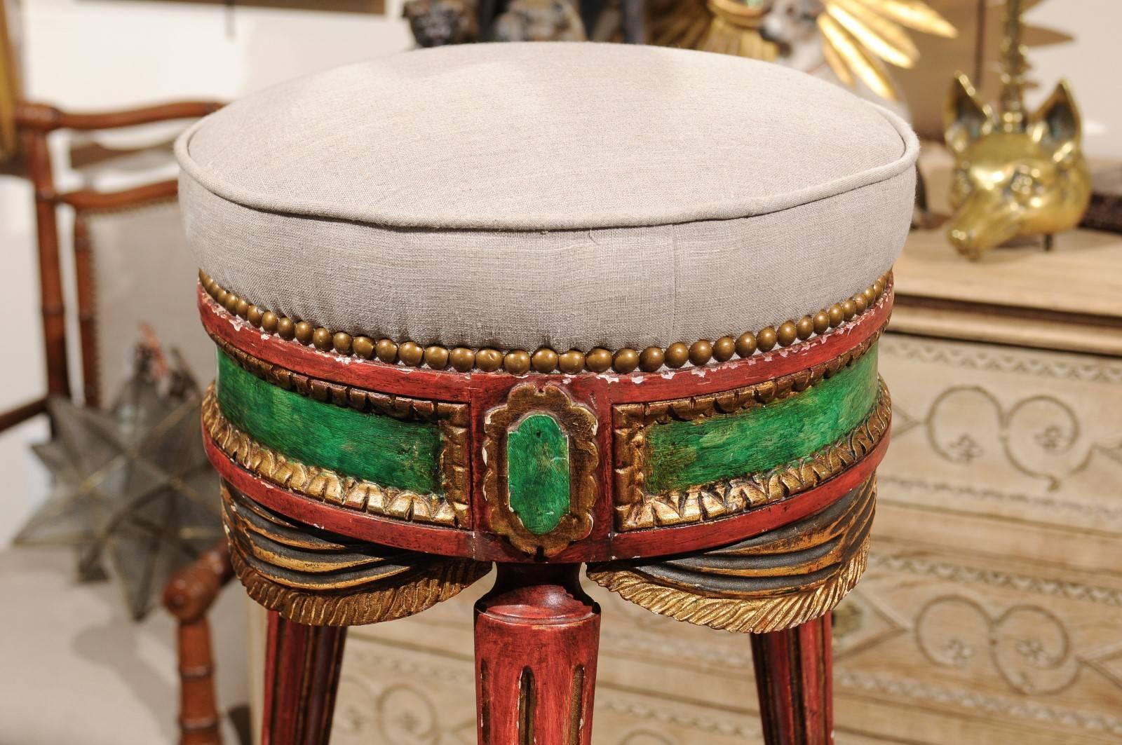 Venetian Red and Green Painted Wood Upholstered Stool with Gilt Accents 2