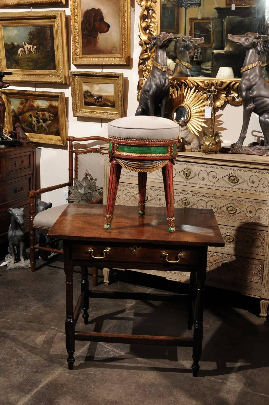 Italian Venetian Red and Green Painted Wood Upholstered Stool with Gilt Accents