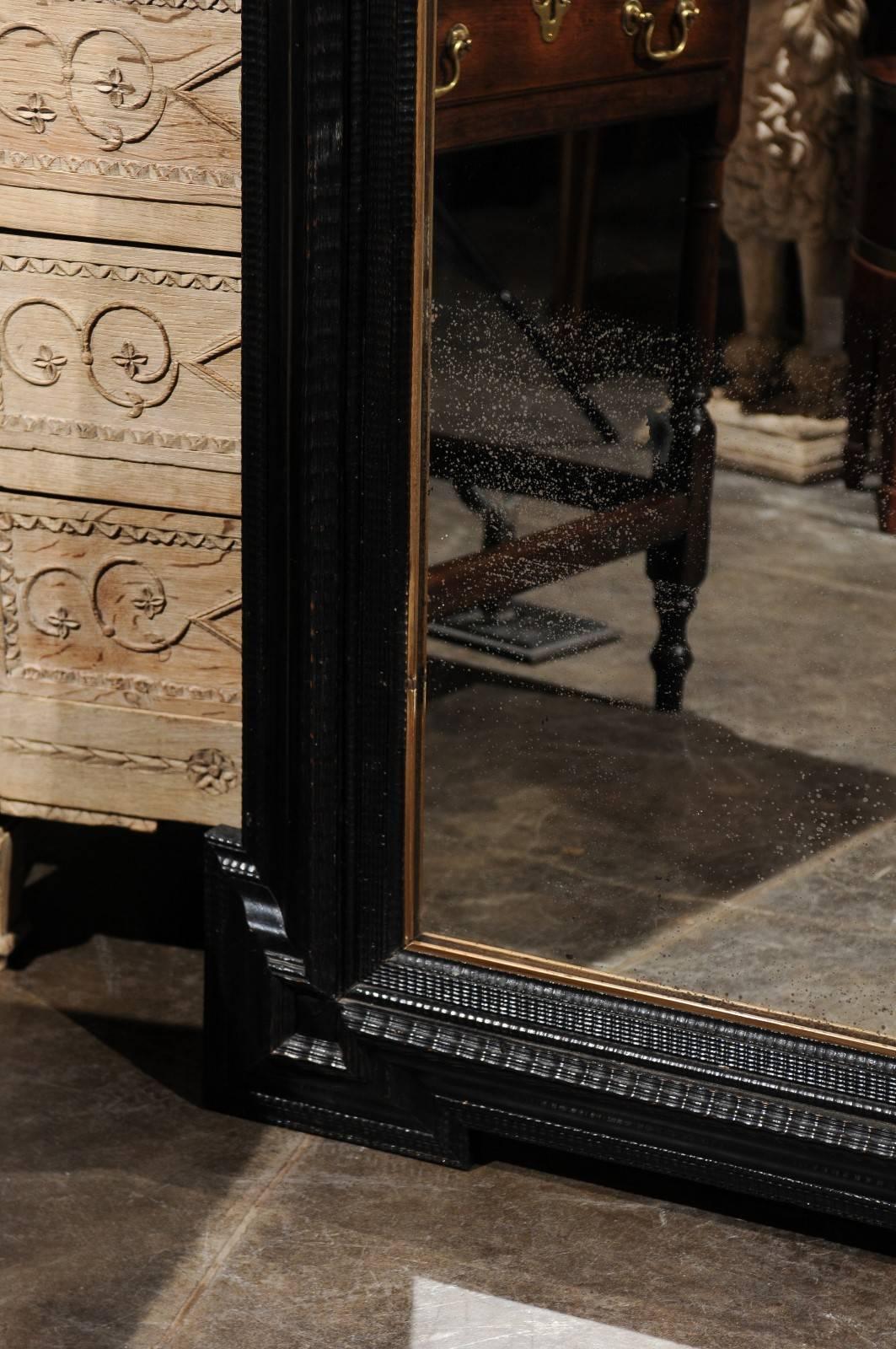 Large Size Ebonized Wood Dutch Mirror with Notched Frame, circa 1900 In Good Condition In Atlanta, GA