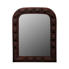 French Medium Size Tramp Art Carved Wood Mirror with Rounded Corners, circa 1900