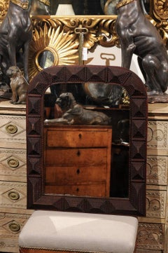 French Medium Size Tramp Art Carved Wood Mirror with Rounded Corners, circa 1900