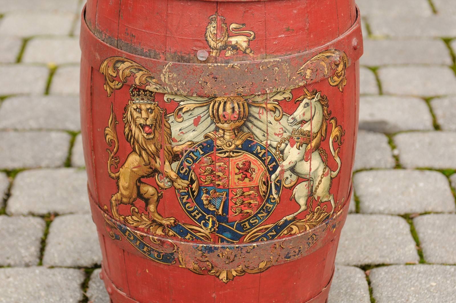 English Red Painted Wooden Barrel with Iron Straps and Royal Coat of Arms In Good Condition In Atlanta, GA