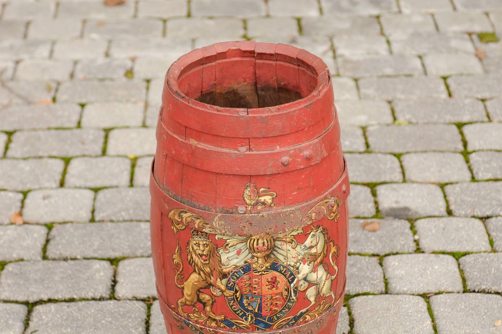 20th Century English Red Painted Wooden Barrel with Iron Straps and Royal Coat of Arms