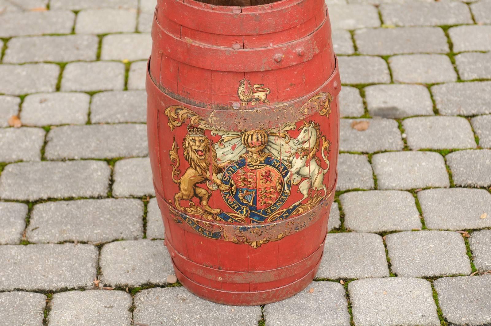 English Red Painted Wooden Barrel with Iron Straps and Royal Coat of Arms 1