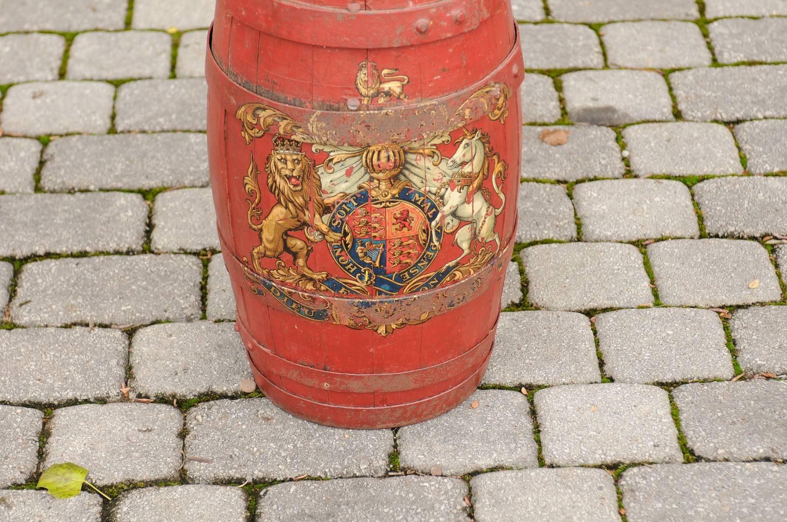 English Red Painted Wooden Barrel with Iron Straps and Royal Coat of Arms 6