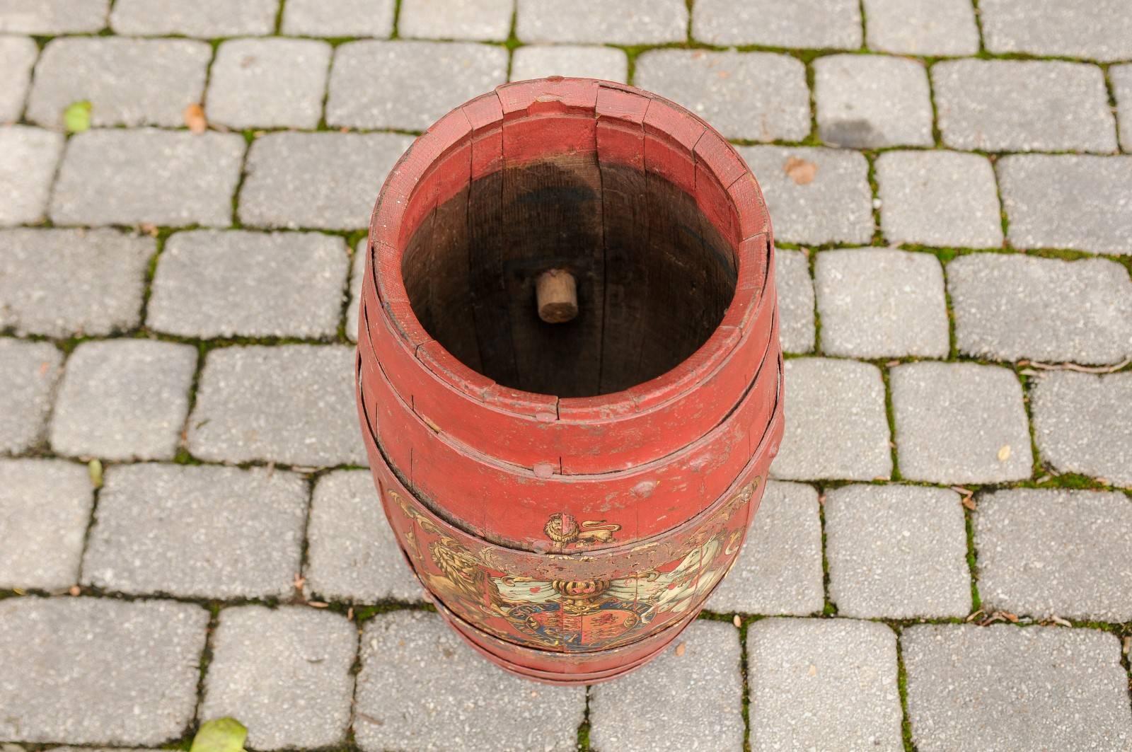 English Red Painted Wooden Barrel with Iron Straps and Royal Coat of Arms 2