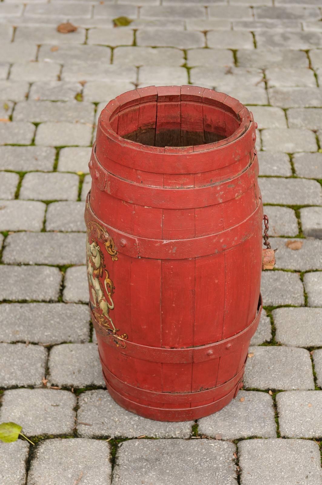 English Red Painted Wooden Barrel with Iron Straps and Royal Coat of Arms 3