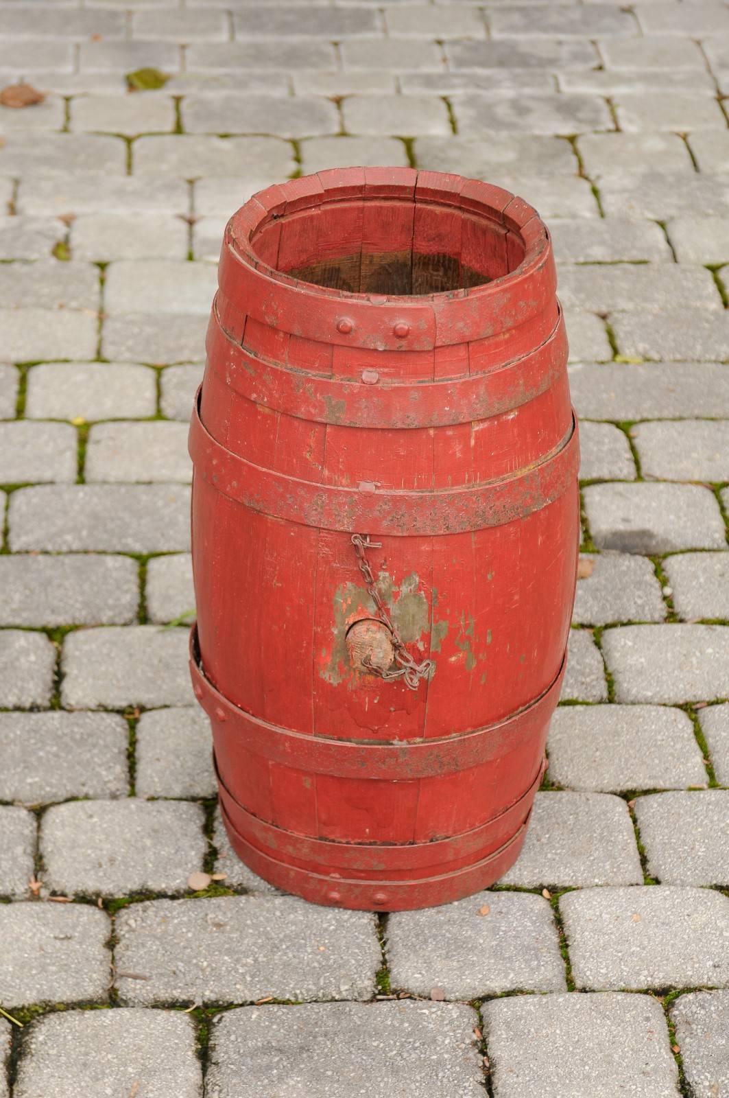 English Red Painted Wooden Barrel with Iron Straps and Royal Coat of Arms 4