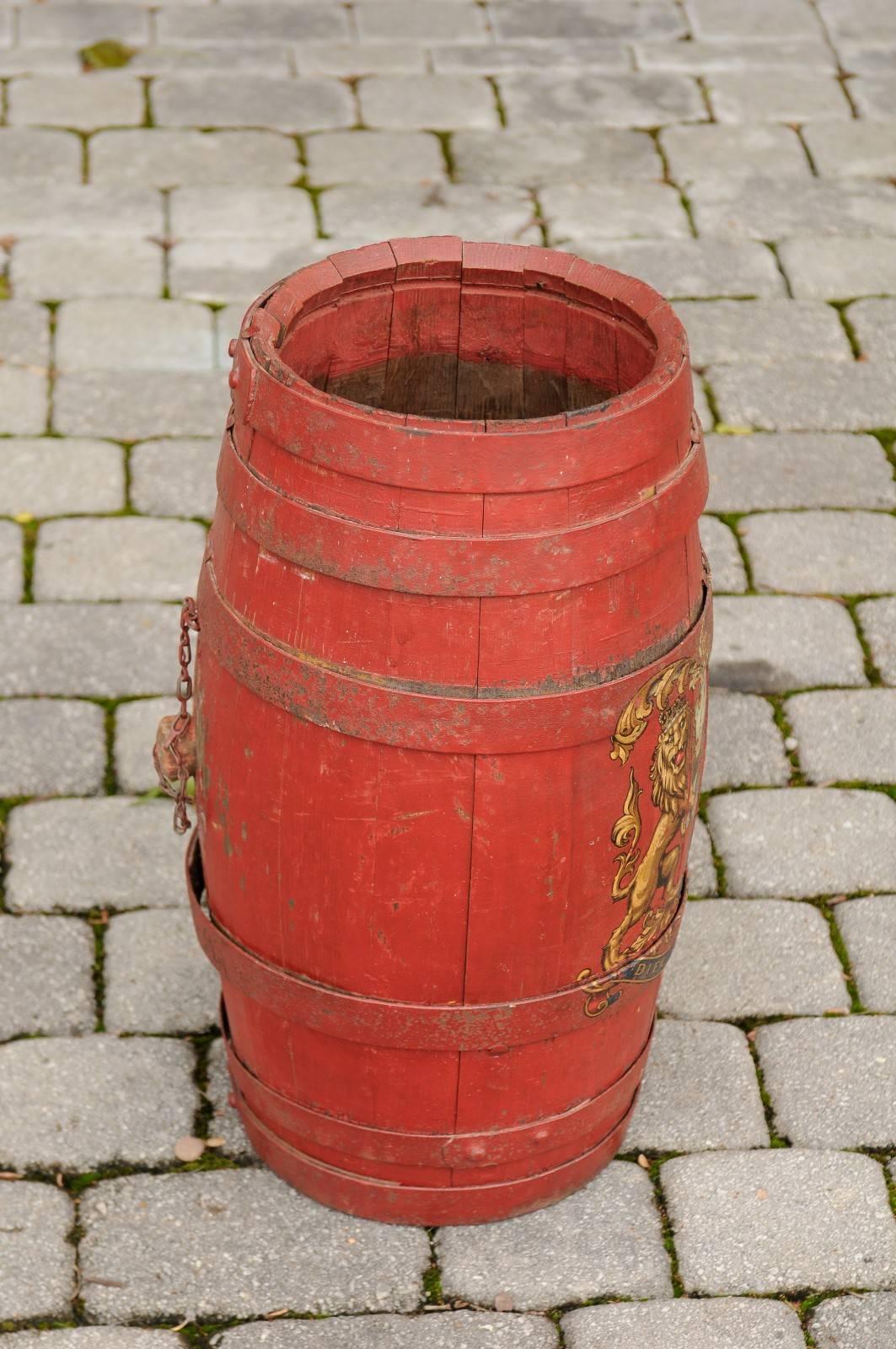 English Red Painted Wooden Barrel with Iron Straps and Royal Coat of Arms 5