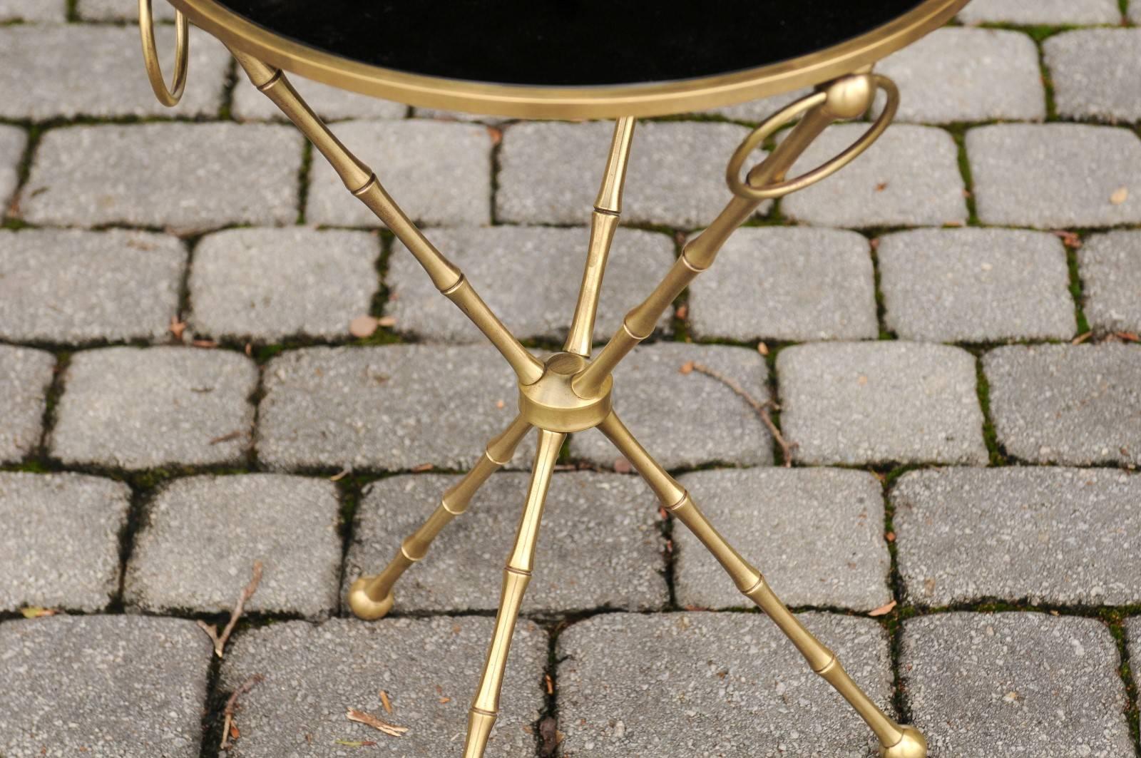 French 1940s Maison Jansen Style Brass and Black Glass Faux-Bamboo Side Table In Excellent Condition In Atlanta, GA