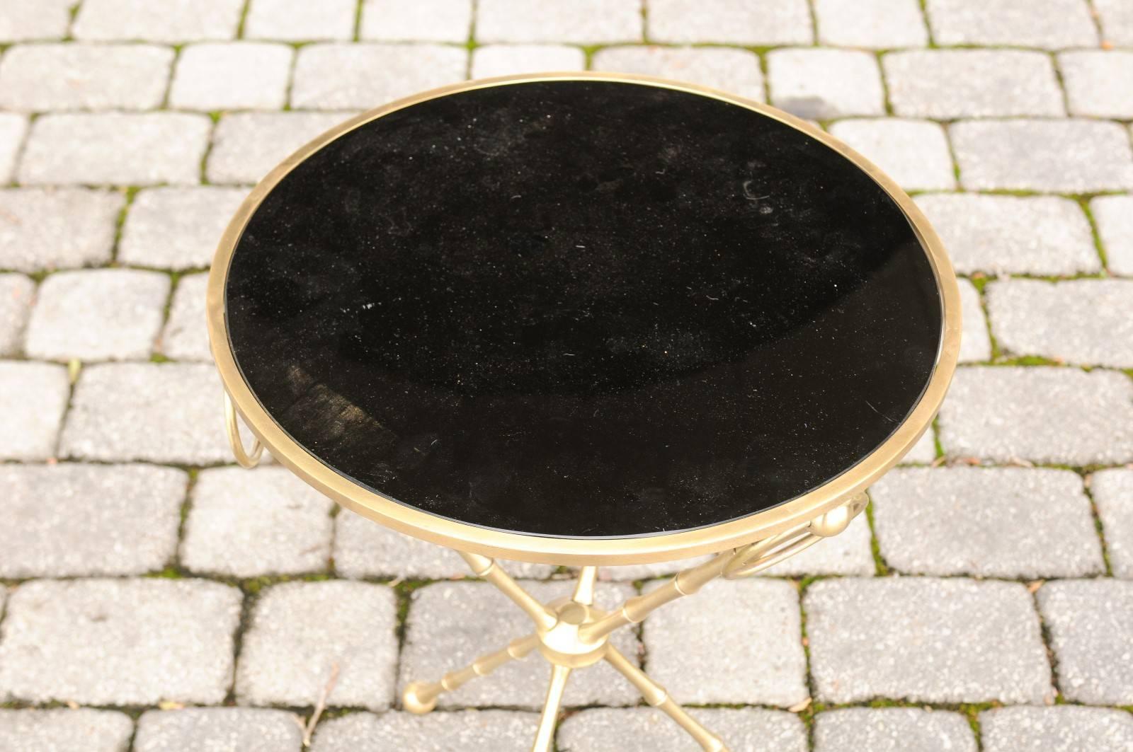20th Century French 1940s Maison Jansen Style Brass and Black Glass Faux-Bamboo Side Table