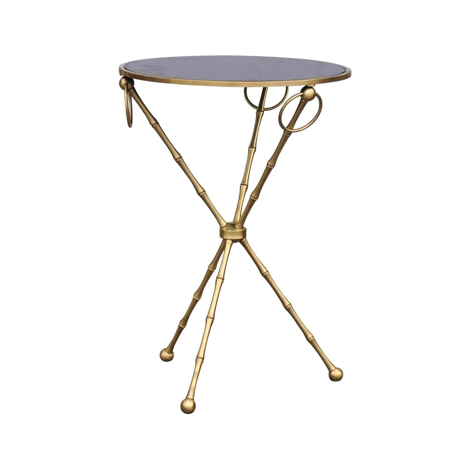 French 1940s Maison Jansen Style Brass and Black Glass Faux-Bamboo Side Table
