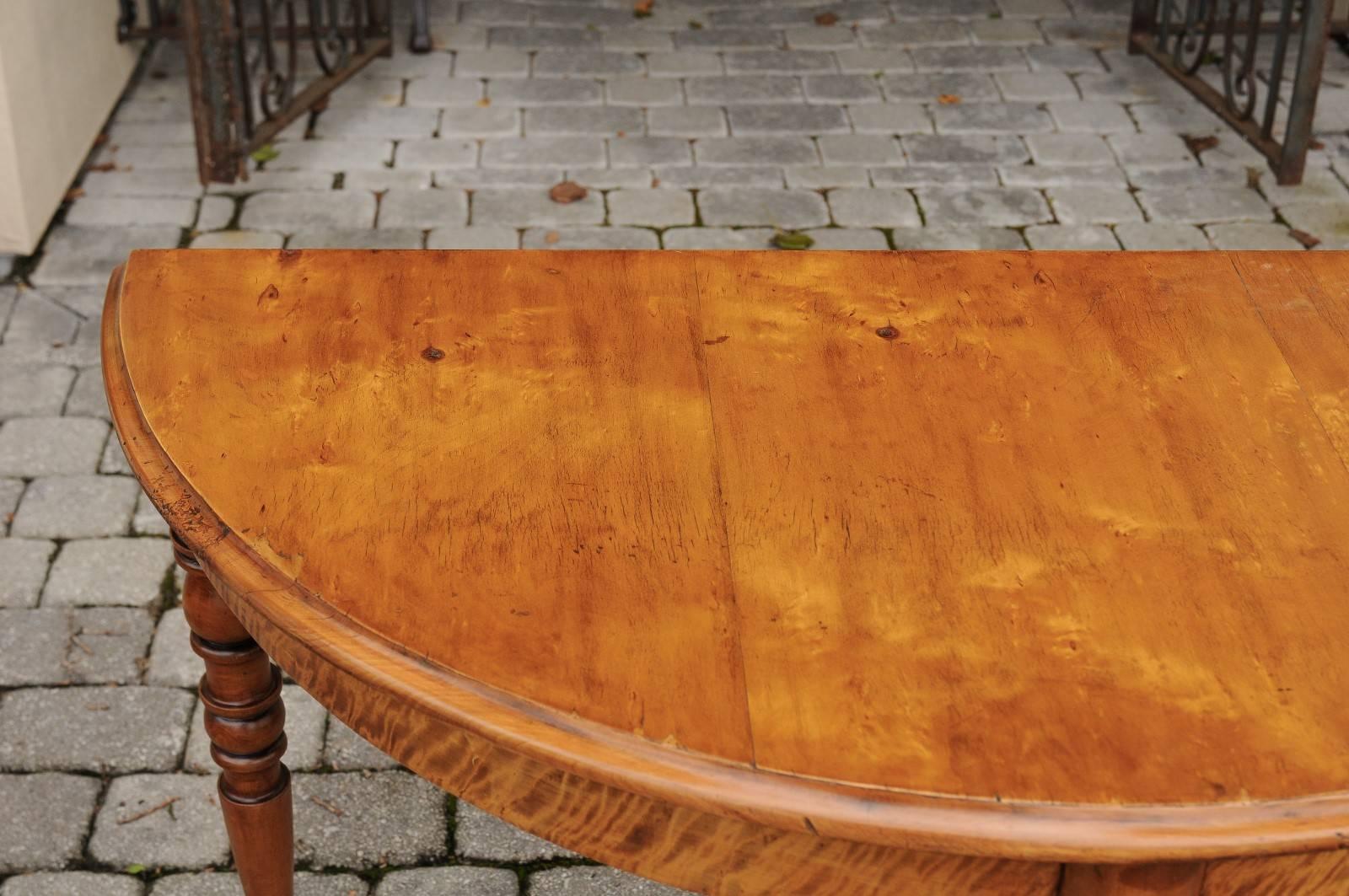 Louis Philippe Pair of French Maple Demilune Tables with Turned Legs from the 1840s For Sale