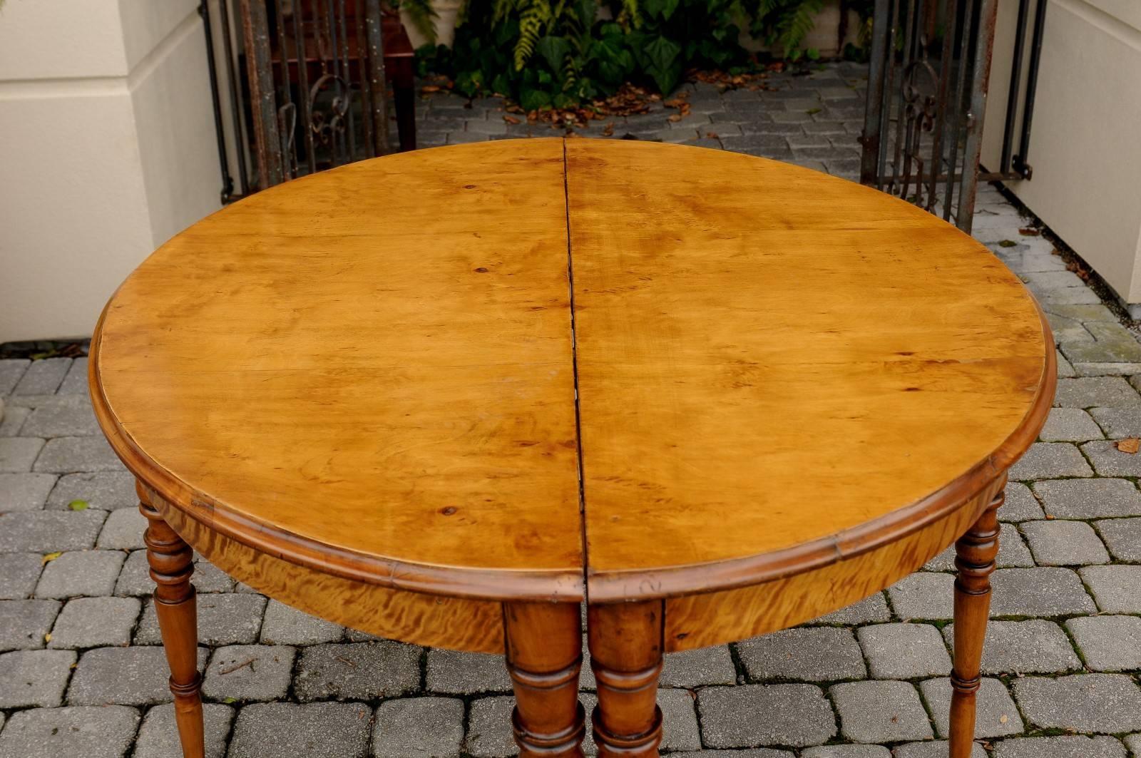 19th Century Pair of French Maple Demilune Tables with Turned Legs from the 1840s For Sale