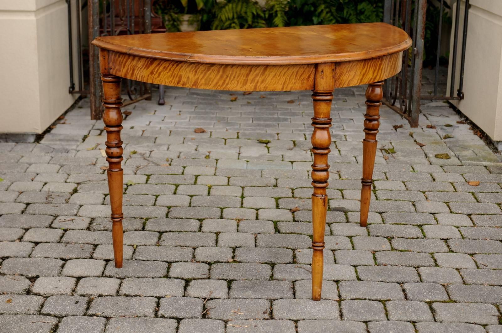 Pair of French Maple Demilune Tables with Turned Legs from the 1840s For Sale 2