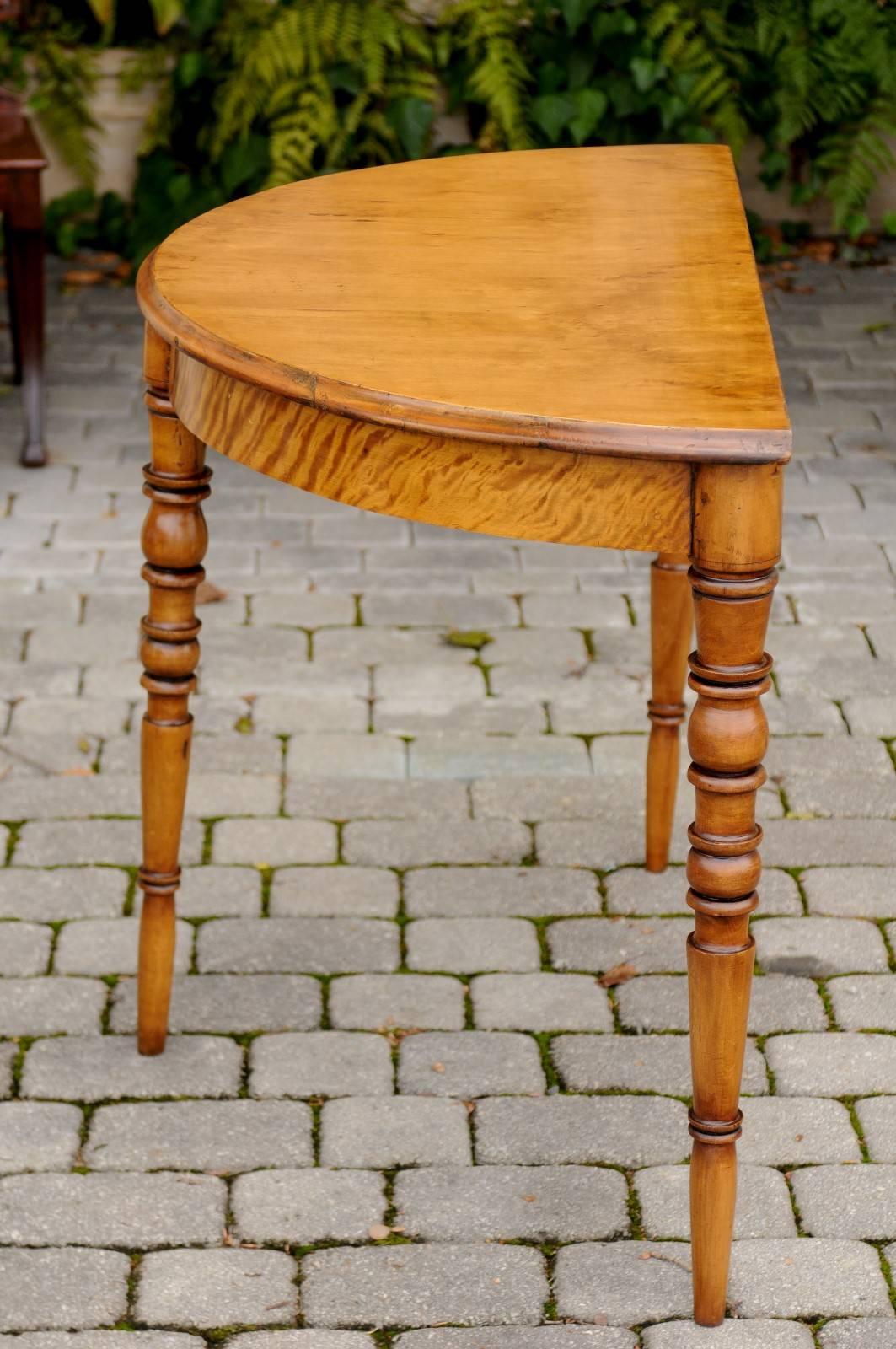 Pair of French Maple Demilune Tables with Turned Legs from the 1840s For Sale 3