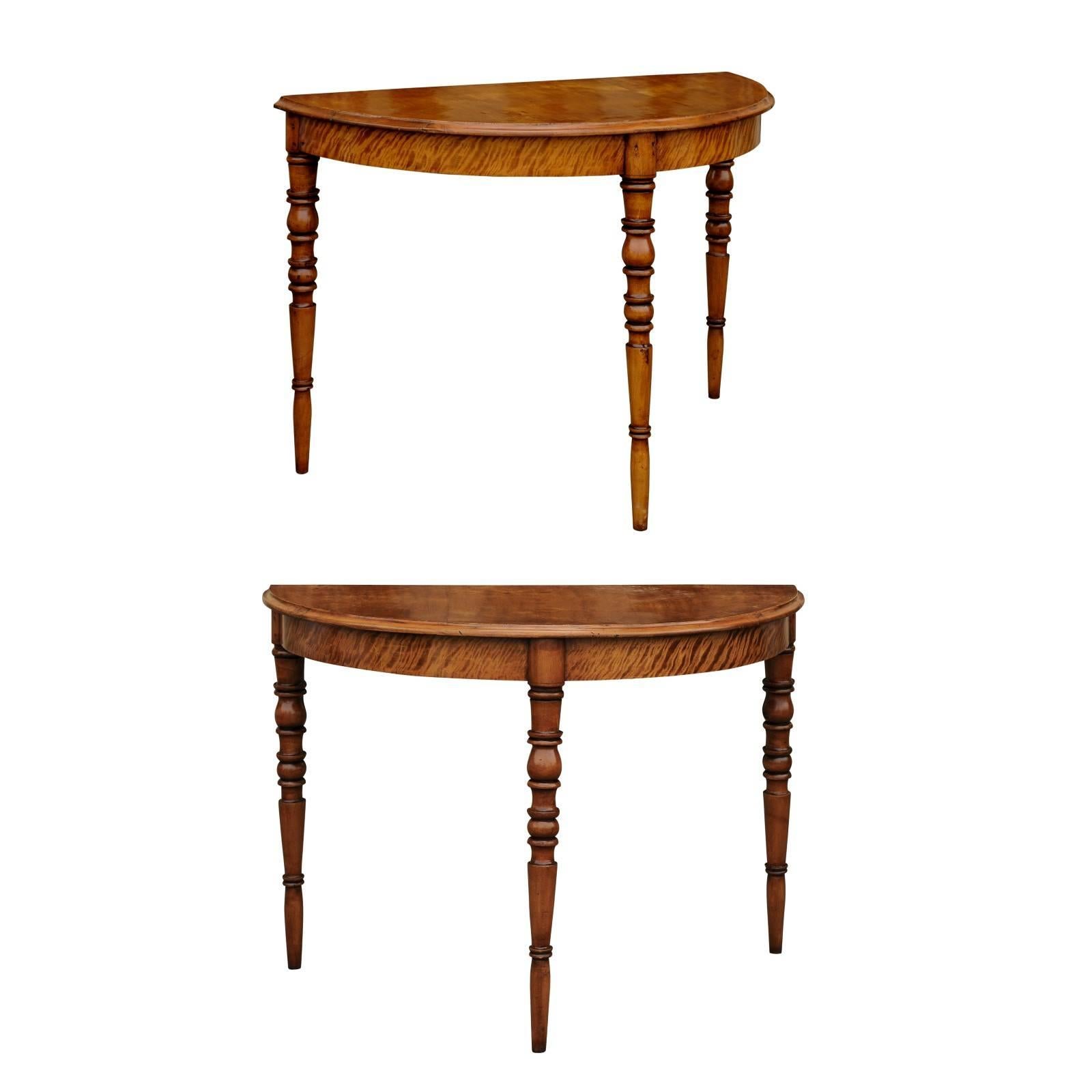 Pair of French Maple Demilune Tables with Turned Legs from the 1840s For Sale