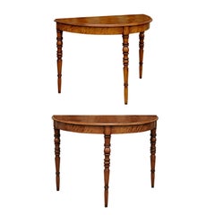 Antique Pair of French Maple Demilune Tables with Turned Legs from the 1840s