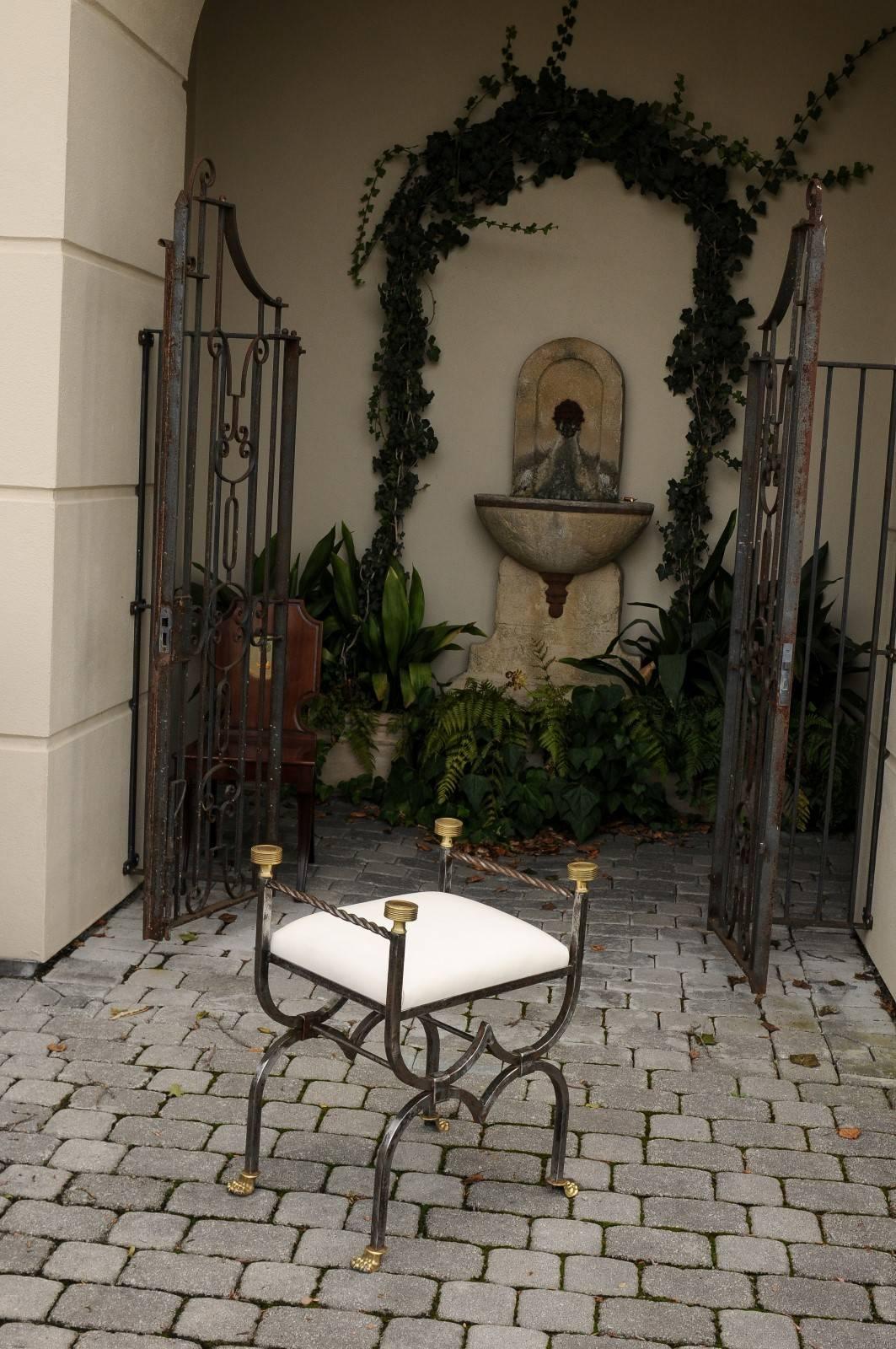 English 1900s Steel and Brass Upholstered Curule Stool with Lion Paw Feet In Good Condition For Sale In Atlanta, GA