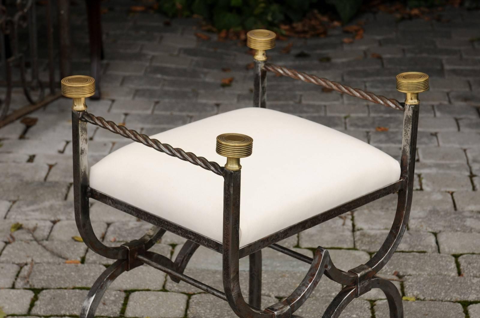 20th Century English 1900s Steel and Brass Upholstered Curule Stool with Lion Paw Feet For Sale