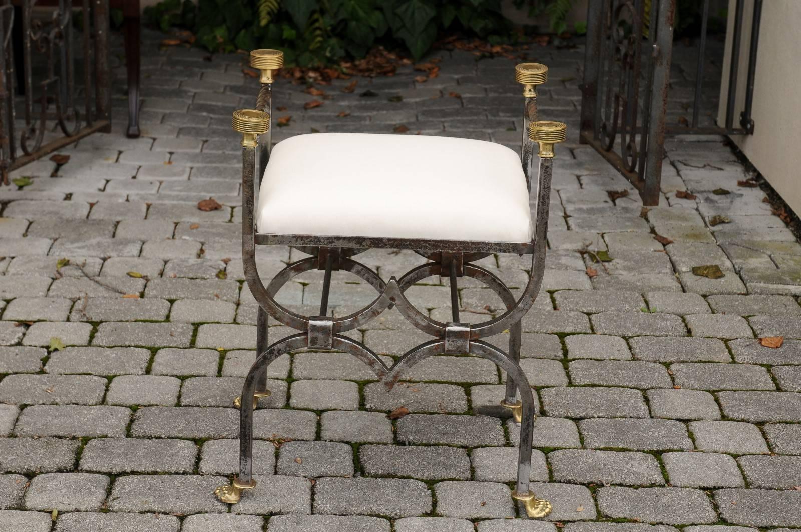 English 1900s Steel and Brass Upholstered Curule Stool with Lion Paw Feet For Sale 2