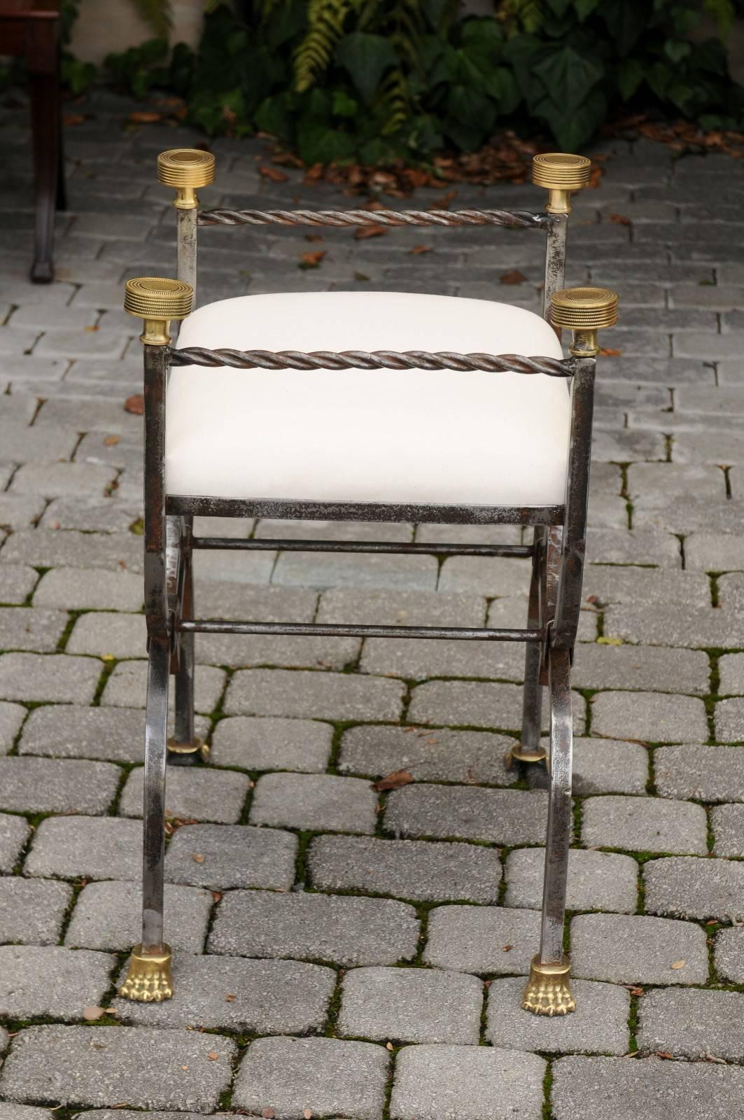 English 1900s Steel and Brass Upholstered Curule Stool with Lion Paw Feet For Sale 3