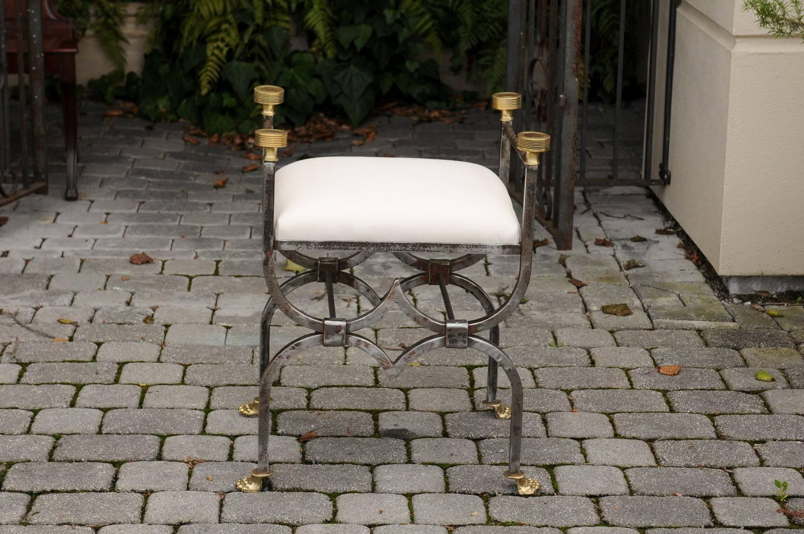 English 1900s Steel and Brass Upholstered Curule Stool with Lion Paw Feet For Sale 5