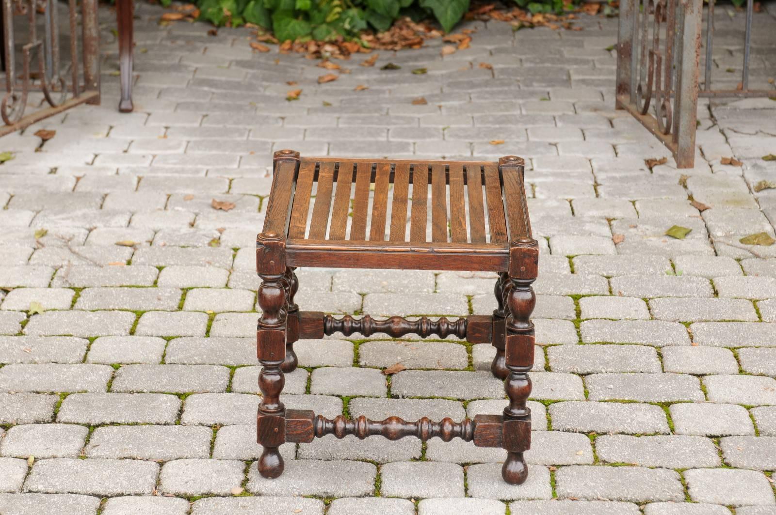 19th Century English 1880 Oak Barley Twist Stool with Slatted Seat, Turned Legs and Stretcher
