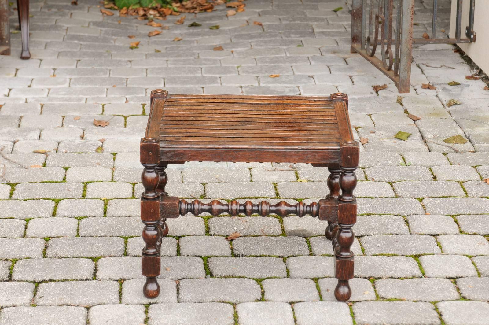 English 1880 Oak Barley Twist Stool with Slatted Seat, Turned Legs and Stretcher 1