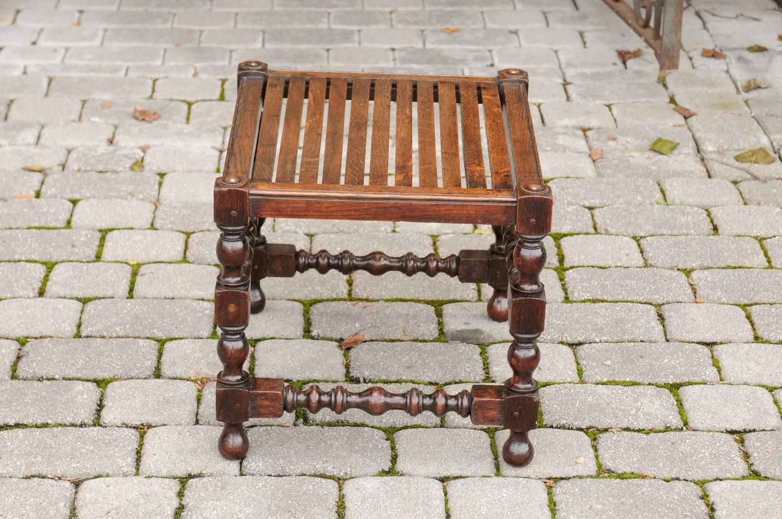 English 1880 Oak Barley Twist Stool with Slatted Seat, Turned Legs and Stretcher 2