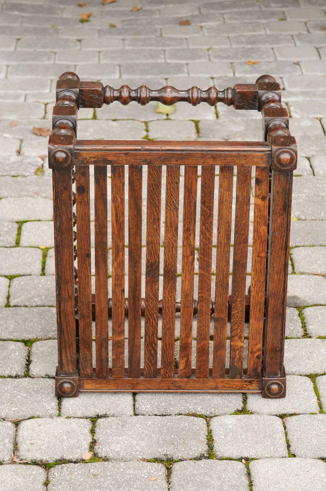 English 1880 Oak Barley Twist Stool with Slatted Seat, Turned Legs and Stretcher 3