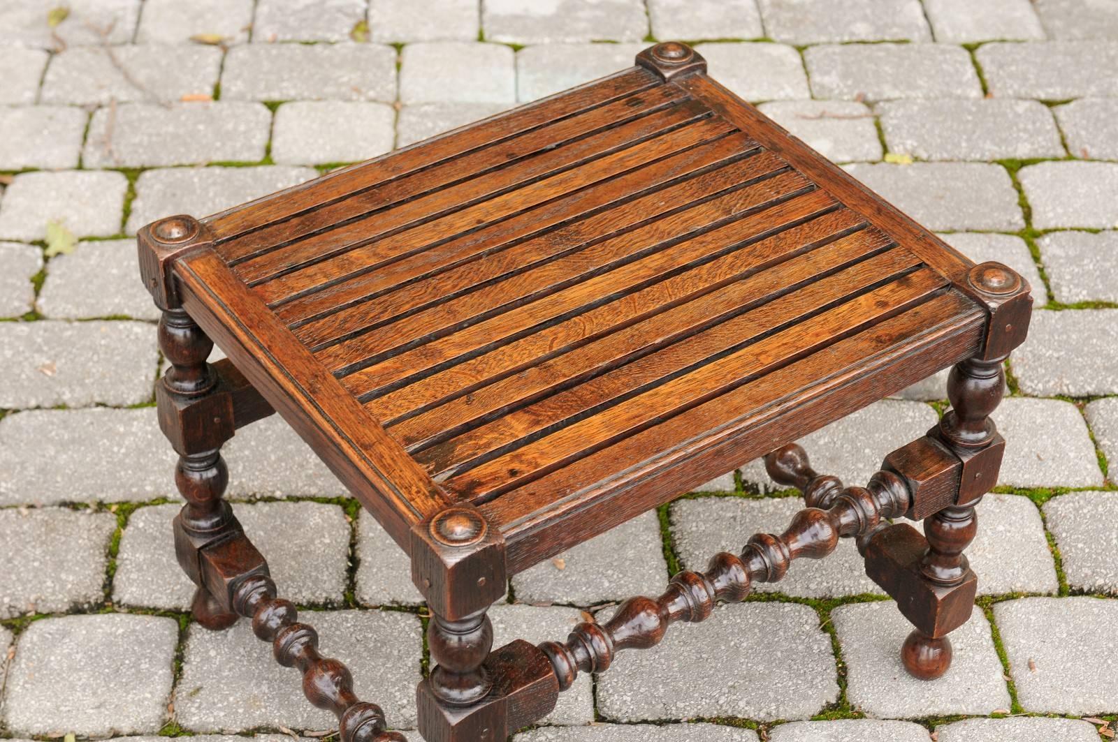 English 1880 Oak Barley Twist Stool with Slatted Seat, Turned Legs and Stretcher 4