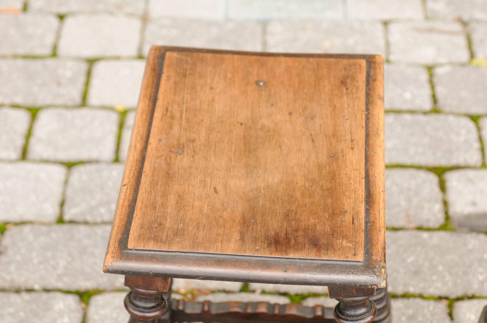 19th Century Pair of Italian Walnut Bobbin Legs Stools with Side Stretchers from the 1840s