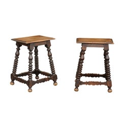 Pair of Italian Walnut Bobbin Legs Stools with Side Stretchers from the 1840s