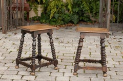 Pair of Italian Walnut Bobbin Legs Stools with Side Stretchers from the 1840s