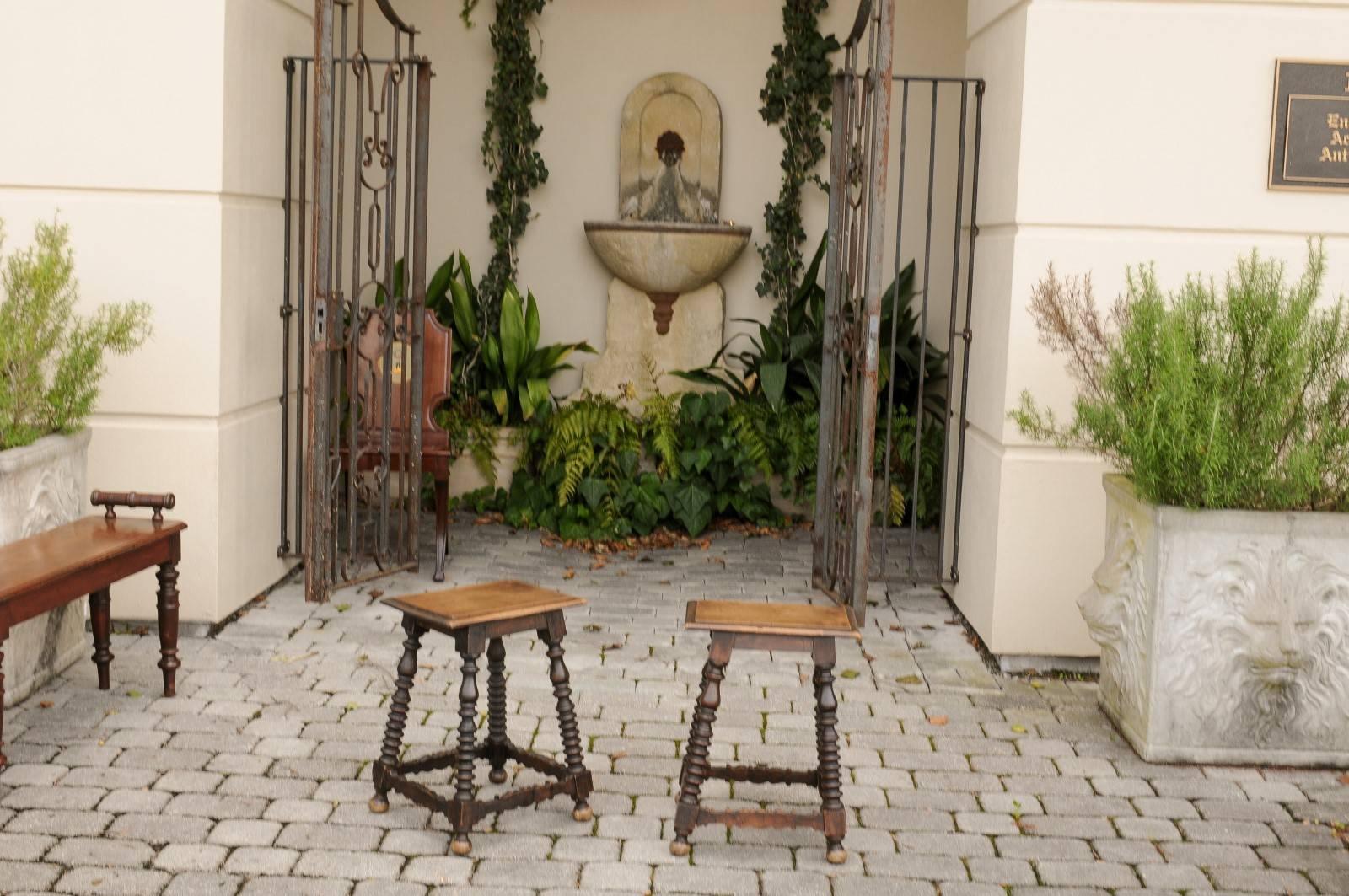 Turned Pair of Italian Walnut Bobbin Legs Stools with Side Stretchers from the 1840s