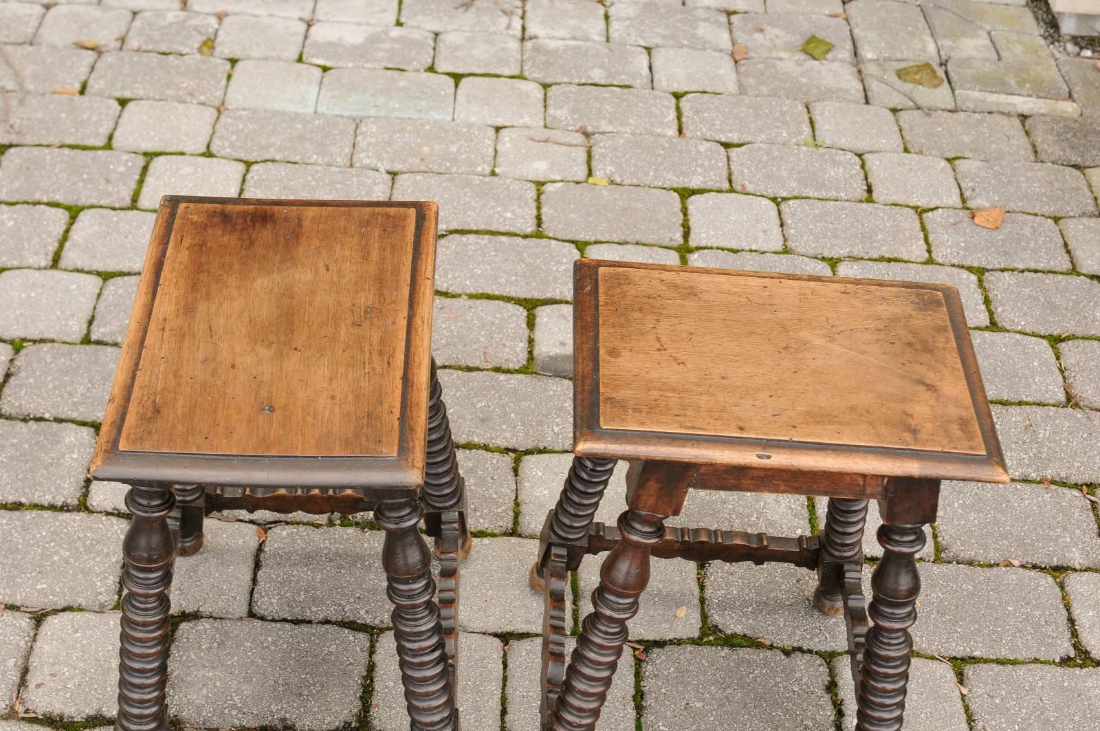 Pair of Italian Walnut Bobbin Legs Stools with Side Stretchers from the 1840s 3