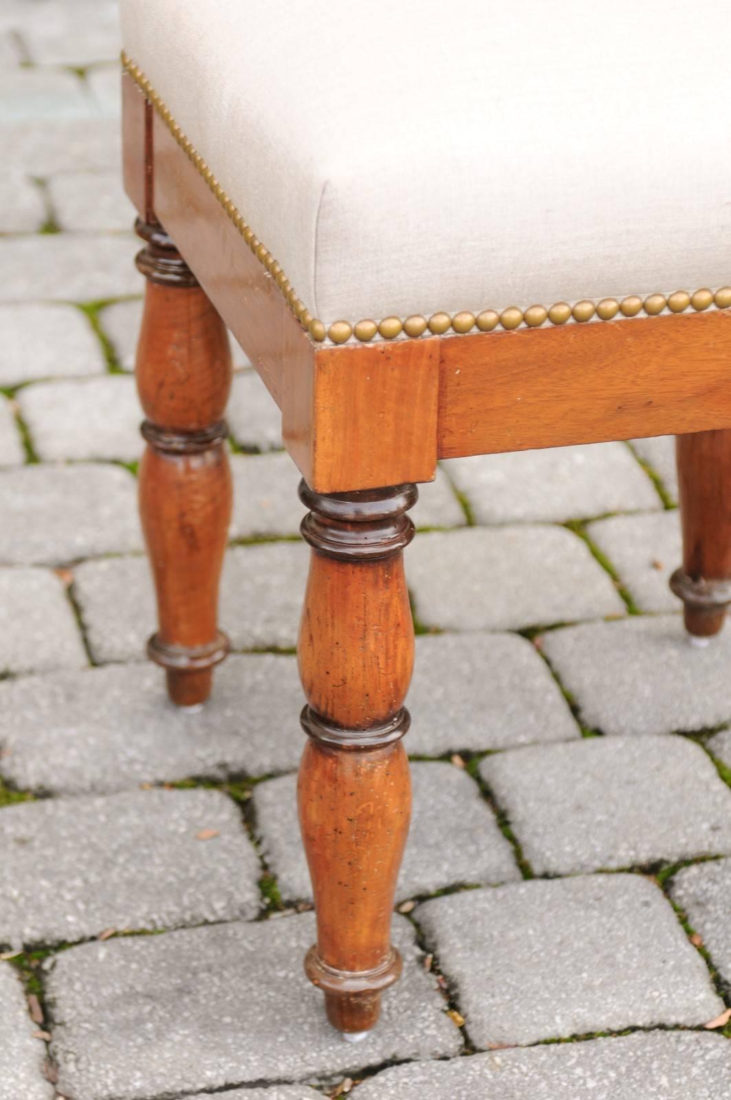 19th Century English 1870s Walnut Stool with Upholstered Seat, Nailheads and Turned Legs For Sale