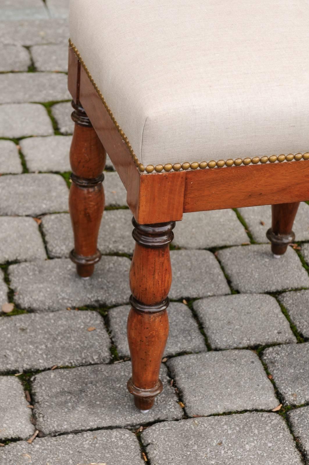 Upholstery English 1870s Walnut Stool with Upholstered Seat, Nailheads and Turned Legs For Sale